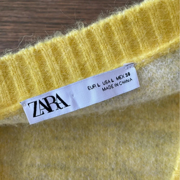 Zara Alpaca Wool Blend Boxy Button Front V Neck Cardigan Sweater Yellow Checked - Picture 2 of 12